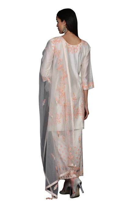 Buy_Anju & Harleen_Ivory Silk, Chanderi Embroidery, Diamonds V-neck Dori Floral Kurta Palazzo Set 