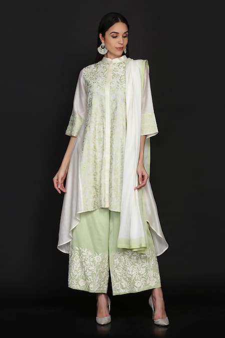 Anju & Harleen Resham Embroidered Asymmetric Kurta Flared Pant Set 