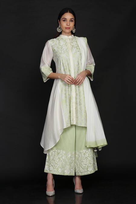 Anju & Harleen Ivory Silk, Chanderi, Linen Embroidery, Resham Asymmetric Kurta Flared Pant Set Online at Aza Fashions Anju & Harleen_Ivory Silk, Chanderi, Linen Embroidery, Resham Asymmetric Kurta Flared Pant Set _Online_at_Aza_Fashions