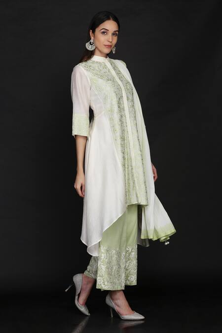Buy Anju & Harleen Ivory Silk, Chanderi, Linen Embroidery, Resham Asymmetric Kurta Flared Pant Set Online at Aza Fashions Buy_Anju & Harleen_Ivory Silk, Chanderi, Linen Embroidery, Resham Asymmetric Kurta Flared Pant Set _Online_at_Aza_Fashions