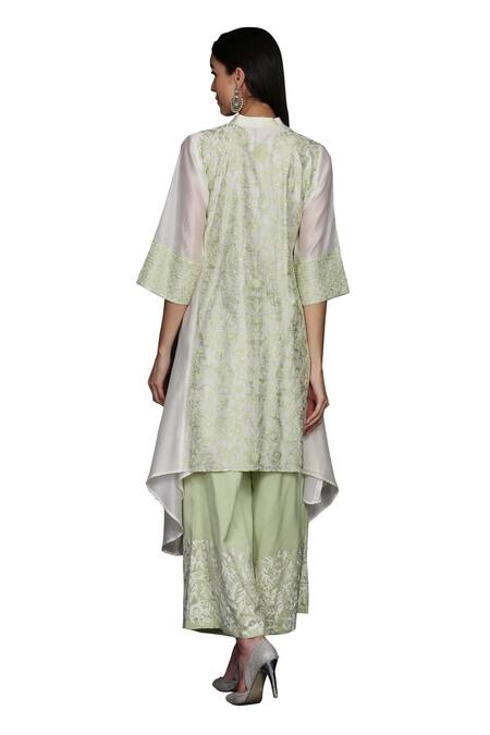 Shop Anju & Harleen Ivory Silk, Chanderi, Linen Embroidery, Resham Asymmetric Kurta Flared Pant Set Online at Aza Fashions Shop_Anju & Harleen_Ivory Silk, Chanderi, Linen Embroidery, Resham Asymmetric Kurta Flared Pant Set _Online_at_Aza_Fashions