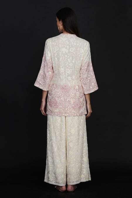 Shop Anju & Harleen Ivory Georgette Embroidery Mandarin Collar Floral Vine Jacket With Flared Pant at Aza Fashions Shop_Anju & Harleen_Ivory Georgette Embroidery Mandarin Collar Floral Vine Jacket With Flared Pant _at_Aza_Fashions