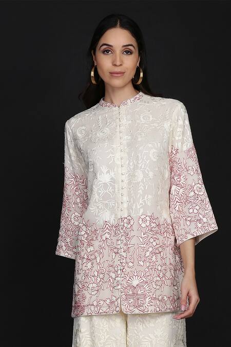 Anju & Harleen Ivory Georgette Embroidery Mandarin Collar Floral Vine Jacket With Flared Pant Online at Aza Fashions Anju & Harleen_Ivory Georgette Embroidery Mandarin Collar Floral Vine Jacket With Flared Pant _Online_at_Aza_Fashions