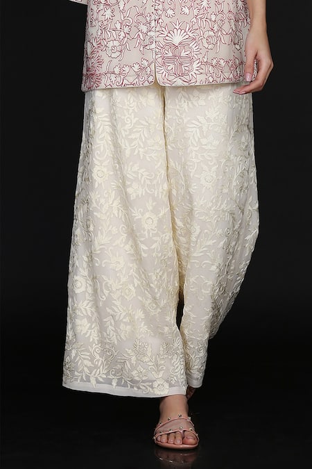 Buy Anju & Harleen Ivory Georgette Embroidery Mandarin Collar Floral Vine Jacket With Flared Pant Online at Aza Fashions Buy_Anju & Harleen_Ivory Georgette Embroidery Mandarin Collar Floral Vine Jacket With Flared Pant _Online_at_Aza_Fashions