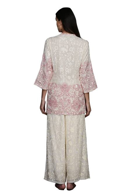 Anju & Harleen Ivory Georgette Embroidery Mandarin Collar Floral Vine Jacket With Flared Pant at Aza Fashions Anju & Harleen_Ivory Georgette Embroidery Mandarin Collar Floral Vine Jacket With Flared Pant _at_Aza_Fashions