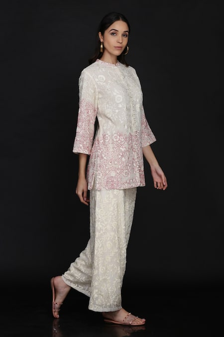 Buy Anju & Harleen Ivory Georgette Embroidery Mandarin Collar Floral Vine Jacket With Flared Pant Buy_Anju & Harleen_Ivory Georgette Embroidery Mandarin Collar Floral Vine Jacket With Flared Pant