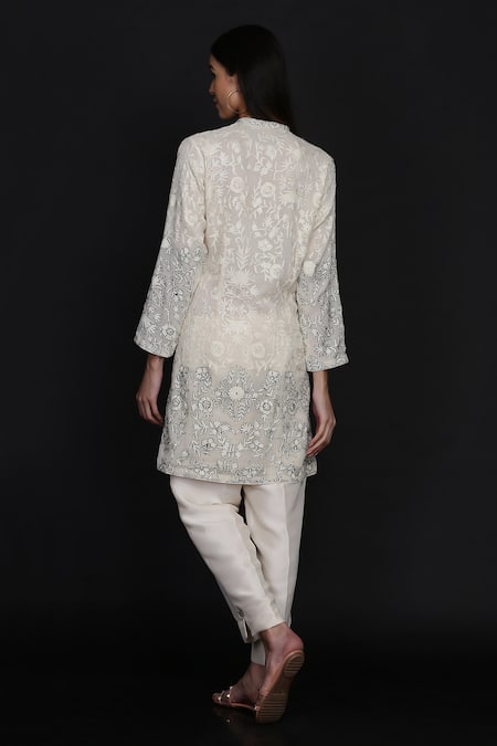Shop Anju & Harleen Ivory Georgette, Linen Embroidery Mandarin Floral Jacket With Flared Pant at Aza Fashions Shop_Anju & Harleen_Ivory Georgette, Linen Embroidery Mandarin Floral Jacket With Flared Pant _at_Aza_Fashions