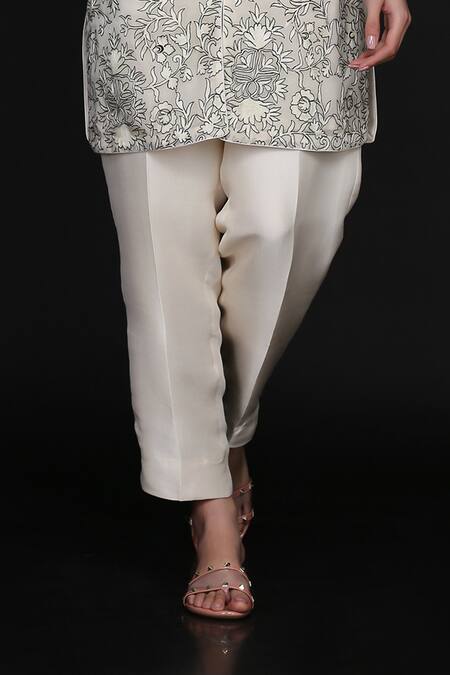 Anju & Harleen Ivory Georgette, Linen Embroidery Mandarin Floral Jacket With Flared Pant Online at Aza Fashions Anju & Harleen_Ivory Georgette, Linen Embroidery Mandarin Floral Jacket With Flared Pant _Online_at_Aza_Fashions