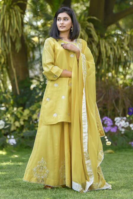 Anju & Harleen Yellow Chanderi, Linen Embroidery Round Neck Dori Kurta Sharara Set Online at Aza Fashions Anju & Harleen_Yellow Chanderi, Linen Embroidery Round Neck Dori Kurta Sharara Set _Online_at_Aza_Fashions