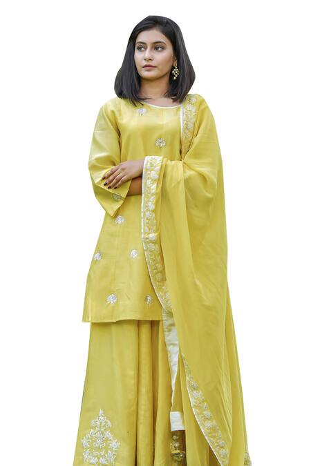 Anju & Harleen Yellow Chanderi, Linen Embroidery Round Neck Dori Kurta Sharara Set at Aza Fashions Anju & Harleen_Yellow Chanderi, Linen Embroidery Round Neck Dori Kurta Sharara Set _at_Aza_Fashions