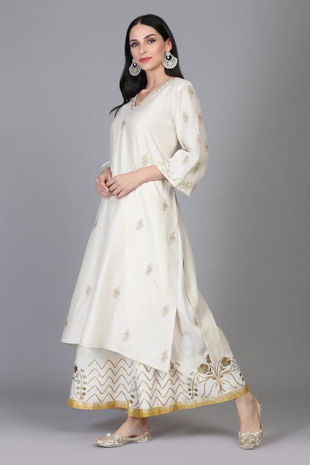 Shop Anju & Harleen Ivory Silk, Chanderi, Linen Embroidery, Zari V-neck Kurta Sharara Set at Aza Fashions Shop_Anju & Harleen_Ivory Silk, Chanderi, Linen Embroidery, Zari V-neck Kurta Sharara Set _at_Aza_Fashions
