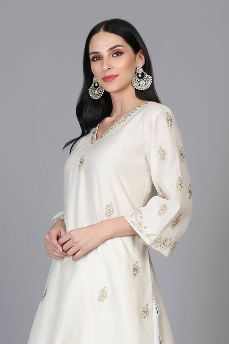 Anju & Harleen Ivory Silk, Chanderi, Linen Embroidery, Zari V-neck Kurta Sharara Set Online at Aza Fashions Anju & Harleen_Ivory Silk, Chanderi, Linen Embroidery, Zari V-neck Kurta Sharara Set _Online_at_Aza_Fashions