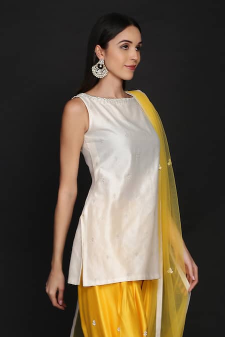 Anju & Harleen_Ivory Silk, Chanderi, Net, Cotton Zari, Embroidery Round Neck Kurta Salwar Set _Online_at_Aza_Fashions