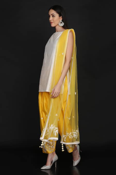 Shop_Anju & Harleen_Ivory Silk, Chanderi, Net, Cotton Zari, Embroidery Round Neck Kurta Salwar Set _Online_at_Aza_Fashions