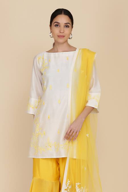 Buy Anju & Harleen Ivory Silk, Net, Chanderi Embroidery Round Neck Dori Floral Kurta Gharara Set Online at Aza Fashions Buy_Anju & Harleen_Ivory Silk, Net, Chanderi Embroidery Round Neck Dori Floral Kurta Gharara Set _Online_at_Aza_Fashions