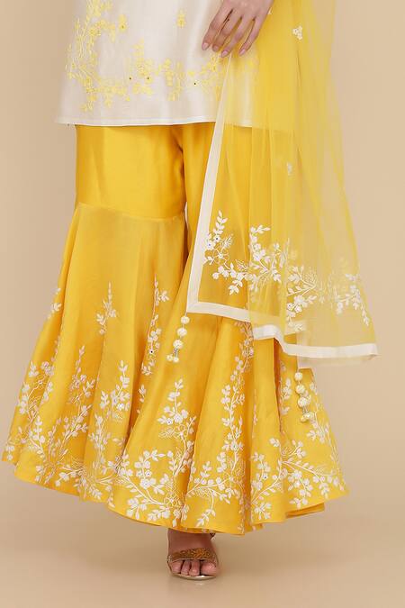 Shop Anju & Harleen Ivory Silk, Net, Chanderi Embroidery Round Neck Dori Floral Kurta Gharara Set Online at Aza Fashions Shop_Anju & Harleen_Ivory Silk, Net, Chanderi Embroidery Round Neck Dori Floral Kurta Gharara Set _Online_at_Aza_Fashions