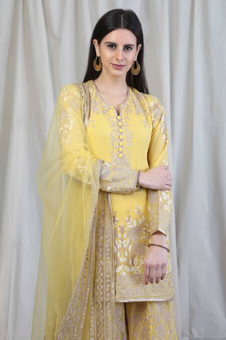 Anju & Harleen_Yellow Georgette, Linen Embroidery Split V-neck Zari Floral Kurta Sharara Set _Online_at_Aza_Fashions