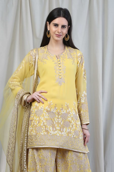 Shop_Anju & Harleen_Yellow Georgette, Linen Embroidery Split V-neck Zari Floral Kurta Sharara Set _Online_at_Aza_Fashions