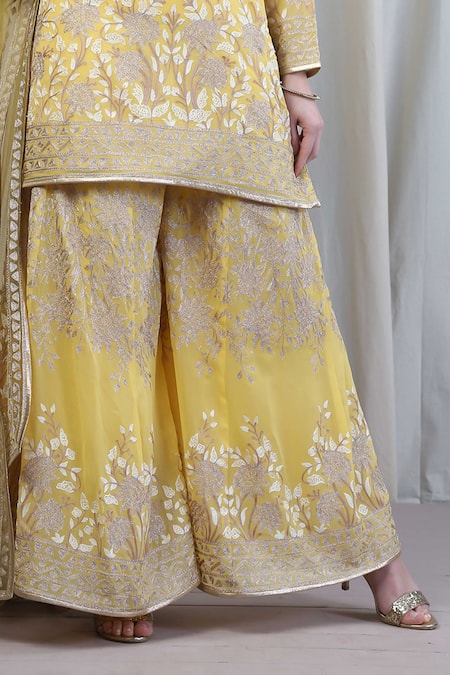 Anju & Harleen_Yellow Georgette, Linen Embroidery Split V-neck Zari Floral Kurta Sharara Set _at_Aza_Fashions