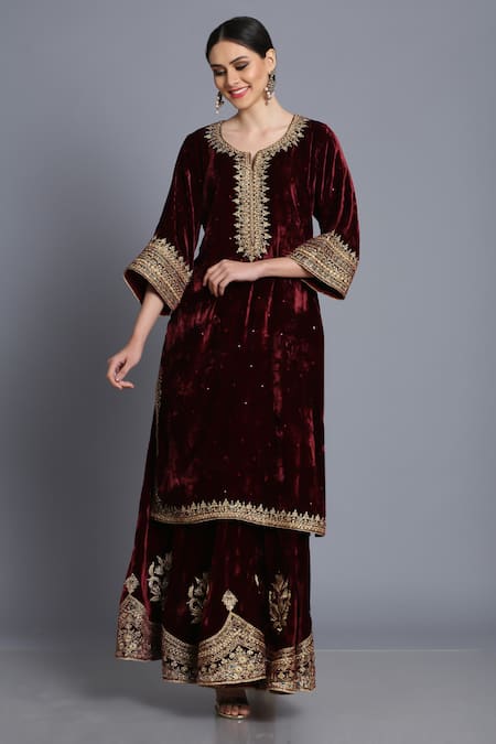 Anju & Harleen_Wine Silk, Velvet, Linen Zari, Sequins, Embroidery Zardozi Kurta Sharara Set _Online_at_Aza_Fashions