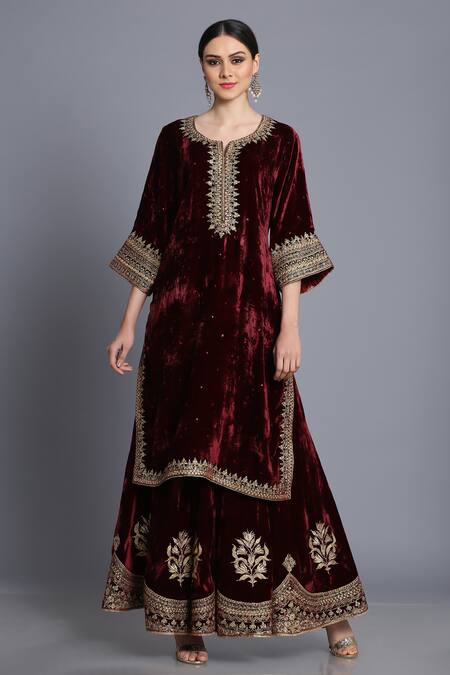 Shop_Anju & Harleen_Wine Silk, Velvet, Linen Zari, Sequins, Embroidery Zardozi Kurta Sharara Set _Online_at_Aza_Fashions