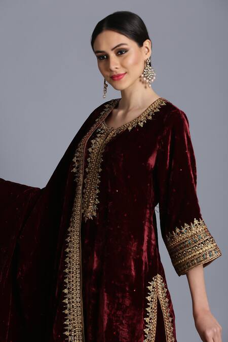 Anju & Harleen_Wine Silk, Velvet, Linen Zari, Sequins, Embroidery Zardozi Kurta Sharara Set _at_Aza_Fashions