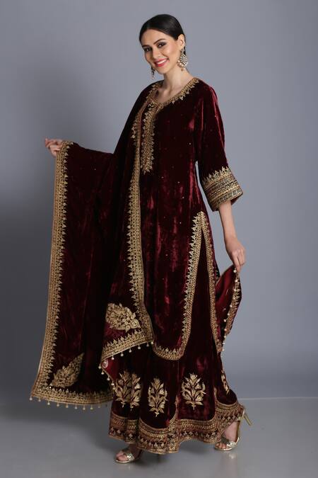 Buy_Anju & Harleen_Wine Silk, Velvet, Linen Zari, Sequins, Embroidery Zardozi Kurta Sharara Set 