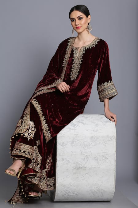 Shop_Anju & Harleen_Wine Silk, Velvet, Linen Zari, Sequins, Embroidery Zardozi Kurta Sharara Set 