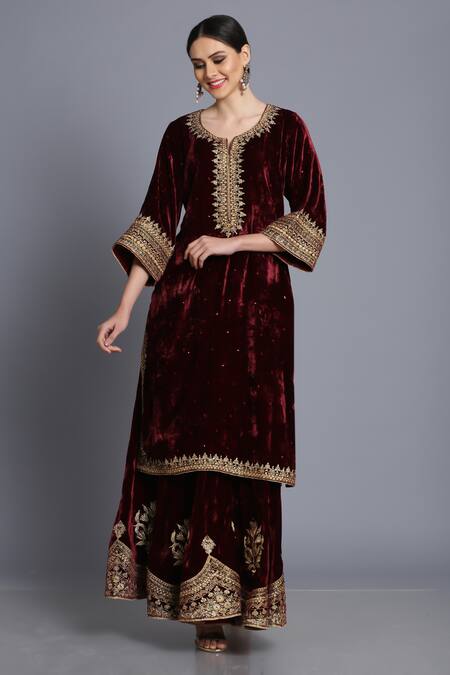 Anju & Harleen_Wine Silk, Velvet Embroidery, Zari, Sequins Split Zardozi Kurta With Sharara _Online_at_Aza_Fashions