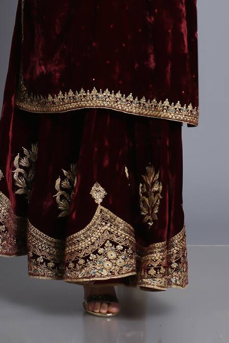Buy Anju & Harleen Wine Silk, Velvet Embroidery, Zari, Sequins Split Zardozi Kurta With Sharara Online at Aza Fashions Buy_Anju & Harleen_Wine Silk, Velvet Embroidery, Zari, Sequins Split Zardozi Kurta With Sharara _Online_at_Aza_Fashions
