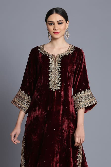 Shop Anju & Harleen Wine Silk, Velvet Embroidery, Zari, Sequins Split Zardozi Kurta With Sharara Online at Aza Fashions Shop_Anju & Harleen_Wine Silk, Velvet Embroidery, Zari, Sequins Split Zardozi Kurta With Sharara _Online_at_Aza_Fashions