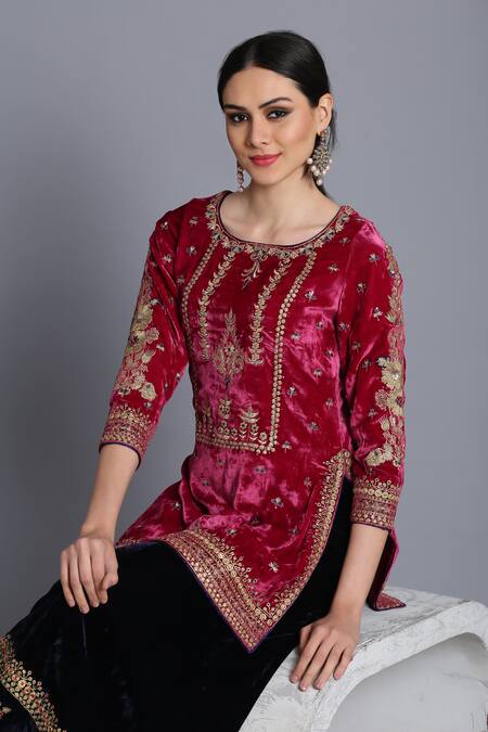 Anju & Harleen_Pink Silk, Velvet Sequins, Zari Round Floral Embroidered Short Kurta Sharara Set _Online_at_Aza_Fashions