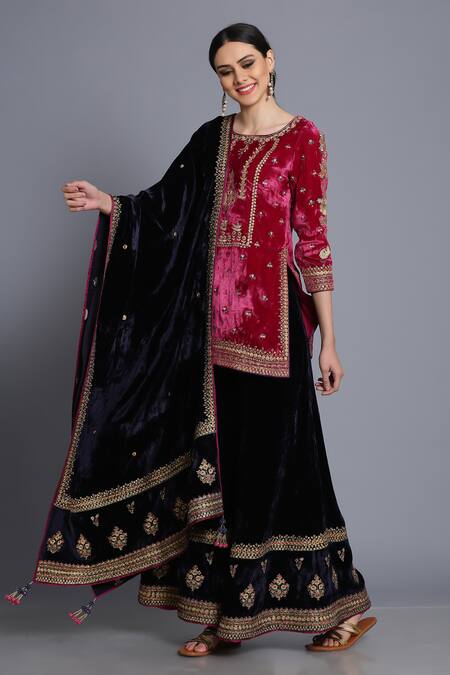 Buy_Anju & Harleen_Pink Silk, Velvet Sequins, Zari Round Floral Embroidered Short Kurta Sharara Set _Online_at_Aza_Fashions