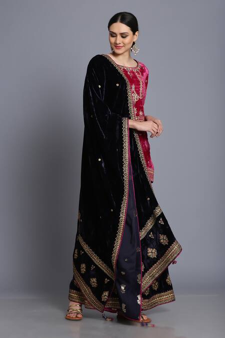 Anju & Harleen_Pink Silk, Velvet Sequins, Zari Round Floral Embroidered Short Kurta Sharara Set _at_Aza_Fashions