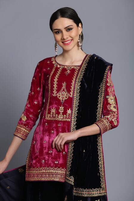 Shop_Anju & Harleen_Pink Silk, Velvet Sequins, Zari Round Floral Embroidered Short Kurta Sharara Set 