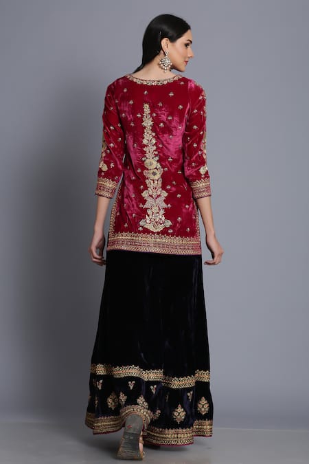 Shop_Anju & Harleen_Pink Silk, Velvet, Linen Zari, Sequins, Floral Short Kurta With Sharara _at_Aza_Fashions
