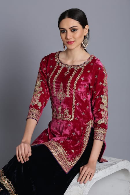Anju & Harleen_Pink Silk, Velvet, Linen Zari, Sequins, Floral Short Kurta With Sharara _Online_at_Aza_Fashions