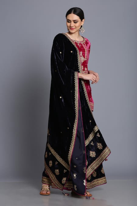 Shop_Anju & Harleen_Pink Silk, Velvet, Linen Zari, Sequins, Floral Short Kurta With Sharara _Online_at_Aza_Fashions