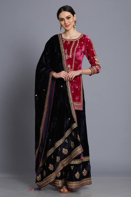 Anju & Harleen_Pink Silk, Velvet, Linen Zari, Sequins, Floral Short Kurta With Sharara _at_Aza_Fashions