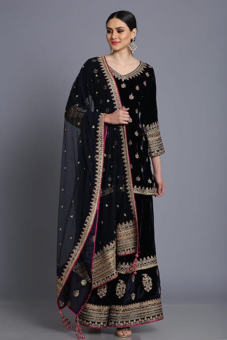 Anju & Harleen Blue Silk, Velvet, Net Sequins, Zari Floral Butti Embroidered Kurta Sharara Set 