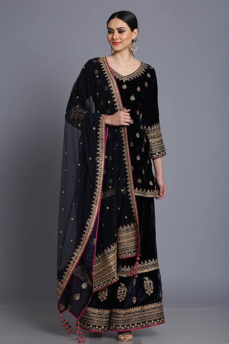 Buy_Anju & Harleen_Blue Silk, Velvet, Linen Sequins, Zari, Floral Butti Kurta With Sharara _Online_at_Aza_Fashions
