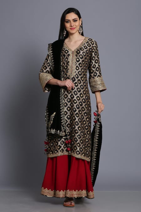 Anju & Harleen Black Silk, Georgette Embroidery, Zari V-neck Bandhani Kurta Sharara Set 