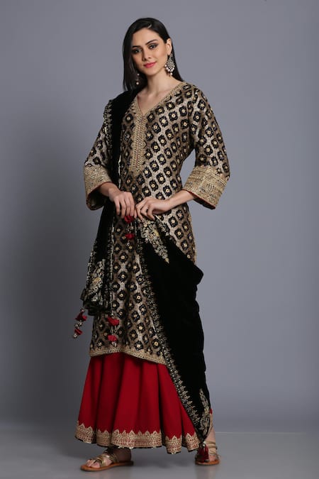 Anju & Harleen_Black Silk, Georgette Embroidery, Zari V-neck Bandhani Kurta Sharara Set _Online_at_Aza_Fashions