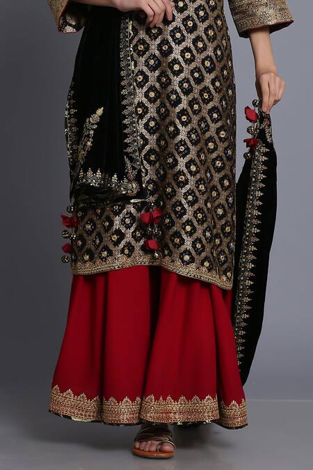 Buy_Anju & Harleen_Black Silk, Georgette Embroidery, Zari V-neck Bandhani Kurta Sharara Set _Online_at_Aza_Fashions
