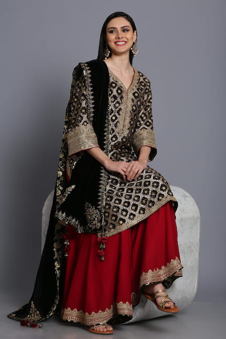 Shop_Anju & Harleen_Black Silk, Georgette Embroidery, Zari V-neck Bandhani Kurta Sharara Set _Online_at_Aza_Fashions