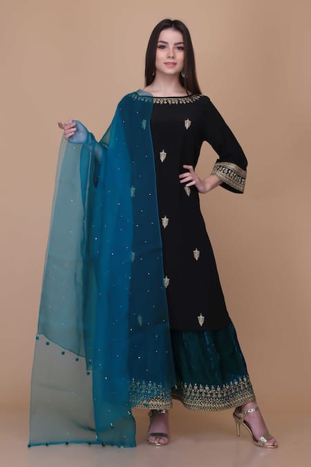 Anju & Harleen Black Crepe, Velvet, Organza Sequins, Floral Butti Embroidered Kurta Sharara Set 