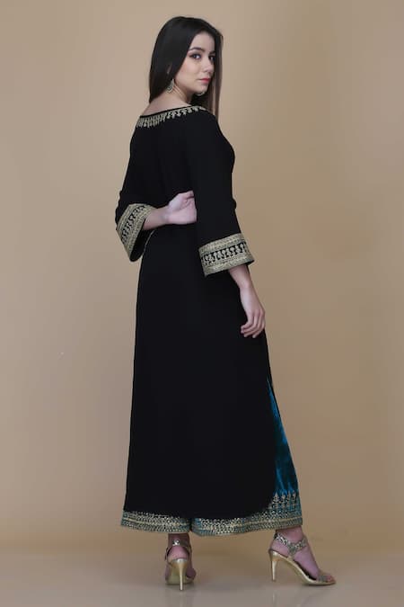 Shop Anju & Harleen Black Crepe, Velvet, Organza Sequins, Floral Butti Embroidered Kurta Sharara Set at Aza Fashions Shop_Anju & Harleen_Black Crepe, Velvet, Organza Sequins, Floral Butti Embroidered Kurta Sharara Set _at_Aza_Fashions