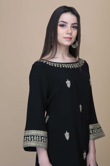 Shop Anju & Harleen Black Crepe, Velvet, Organza Sequins, Floral Butti Embroidered Kurta Sharara Set Online at Aza Fashions Shop_Anju & Harleen_Black Crepe, Velvet, Organza Sequins, Floral Butti Embroidered Kurta Sharara Set _Online_at_Aza_Fashions