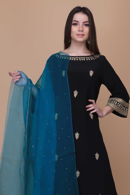 Anju & Harleen Black Crepe, Velvet, Organza Sequins, Floral Butti Embroidered Kurta Sharara Set at Aza Fashions Anju & Harleen_Black Crepe, Velvet, Organza Sequins, Floral Butti Embroidered Kurta Sharara Set _at_Aza_Fashions