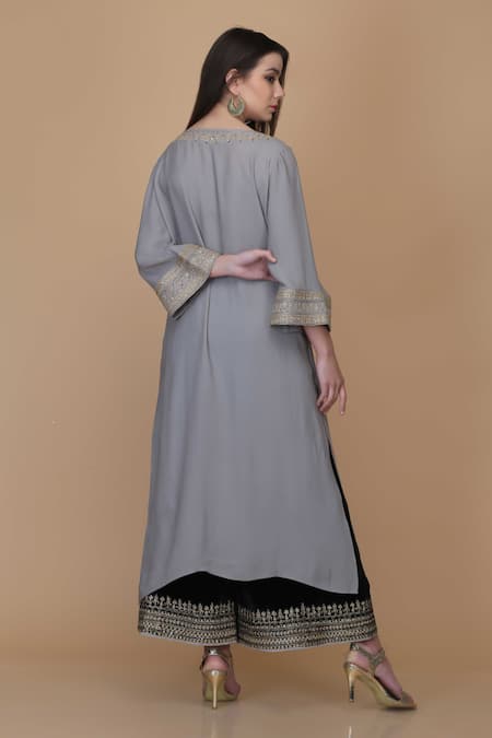 Shop Anju & Harleen Grey Crepe, Organza, Velvet Embroidery, Sequins, Floral Vine Kurta Sharara Set at Aza Fashions Shop_Anju & Harleen_Grey Crepe, Organza, Velvet Embroidery, Sequins, Floral Vine Kurta Sharara Set _at_Aza_Fashions